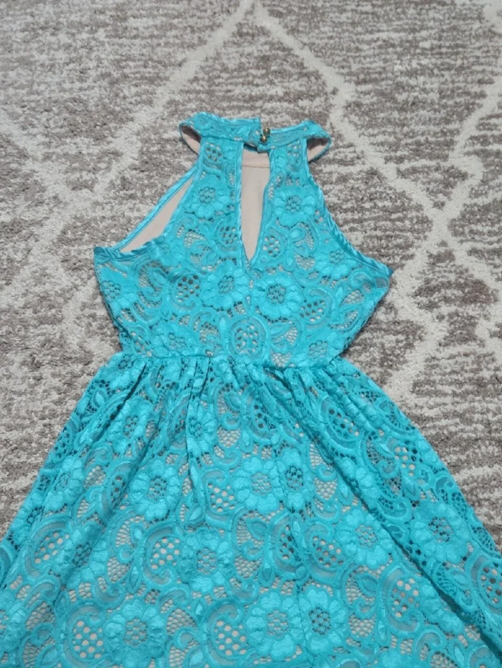 Honey and Rosie Bright Turquoise Lace High-Neck Fit-and-Flare Dress